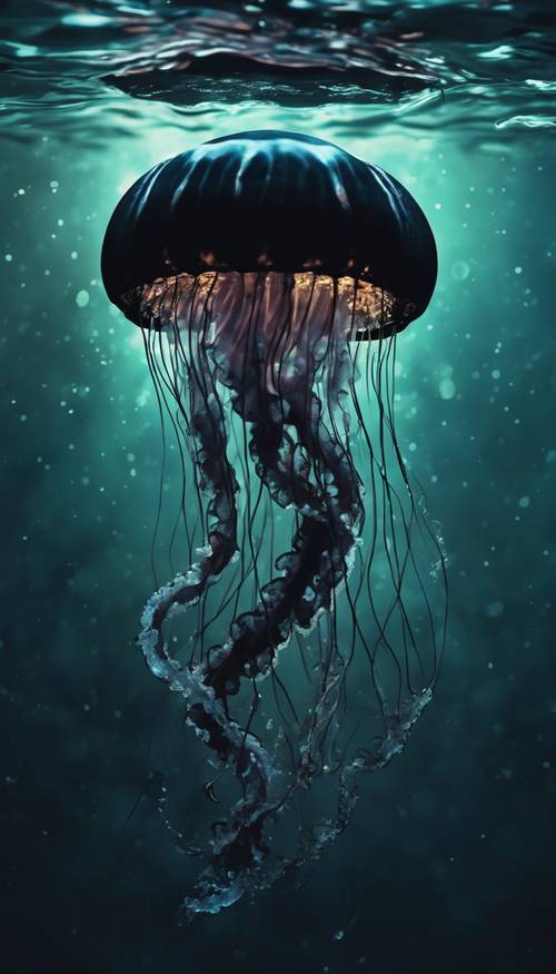 一只黑色的水母，身上有发光的生物发光斑点，在漆黑的水中优雅地游动。