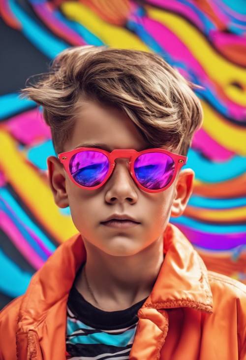 Parlak, popüler sanat tarzı bir arka plan üzerinde sevimli, büyük boy neon güneş gözlükleriyle modaya uygun bir saç modeli sergileyen genç bir çocuk.