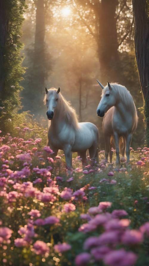 Gün doğumunda, bir dizi rengarenk çiçeğin tamamen açtığı ve bir tek boynuzlu at ailesinin huzur içinde otladığı büyülü bir ormanın görünümü.