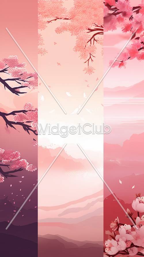 桜と鳥が描かれたピンク色の空の壁紙