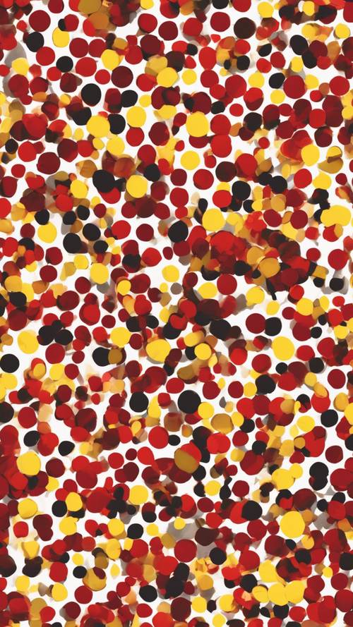Scattered polka dots, small red ones and large yellow ones, in a seamless pattern.