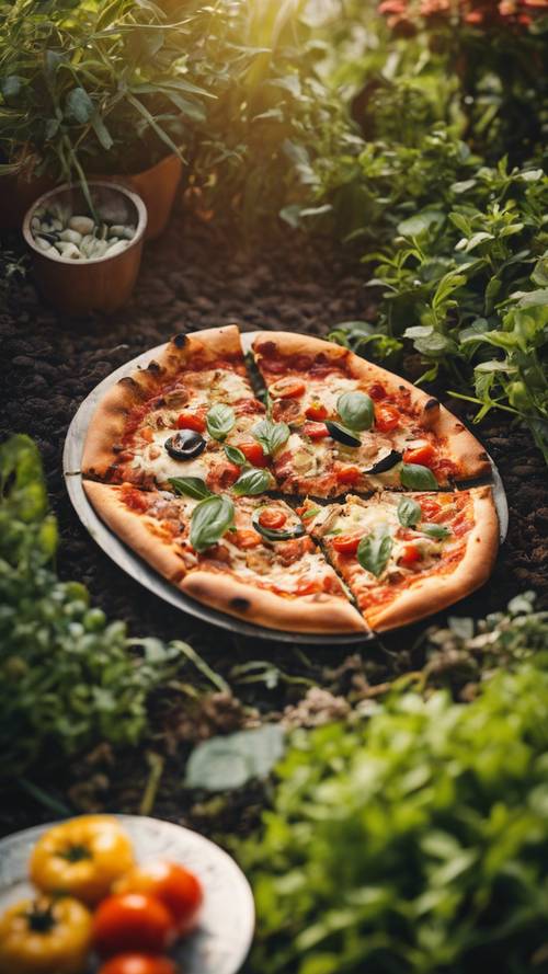 Vegetarian pizza with fresh hand-picked ingredients in a peaceful garden setting.