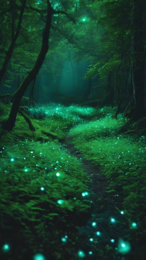 무성한 녹색 담요로 뒤덮인 빛나는 생물 발광 숲의 매혹적인 마법입니다.