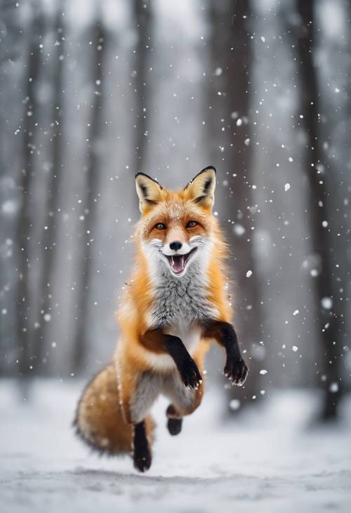 A lively tan fox jumping with joy at the first snowflakes of winter in a tranquil forest.