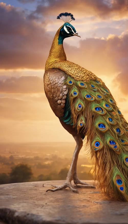A majestic golden peacock displaying its dazzling feathers during a beautiful sunset.