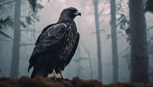 Penggambaran nyata seekor burung elang hitam, berdiri tegak di tengah hutan berkabut yang diselimuti kegelapan malam.