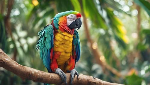 Seekor burung beo berwarna pelangi bertengger di cabang hutan hujan tropis.