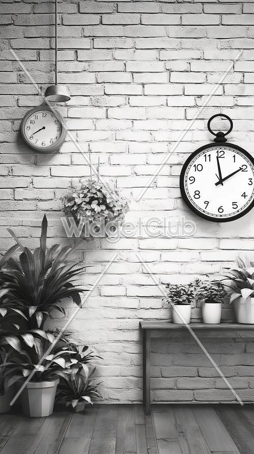 Design atemporal de tijolos brancos com relógios elegantes e plantas verdes