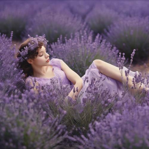 Lukisan peri yang sedang beristirahat di bawah semak lavender.