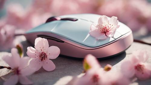 Mouse da gioco color pastello con pulsanti personalizzabili su tappetino per mouse con fiori di ciliegio.