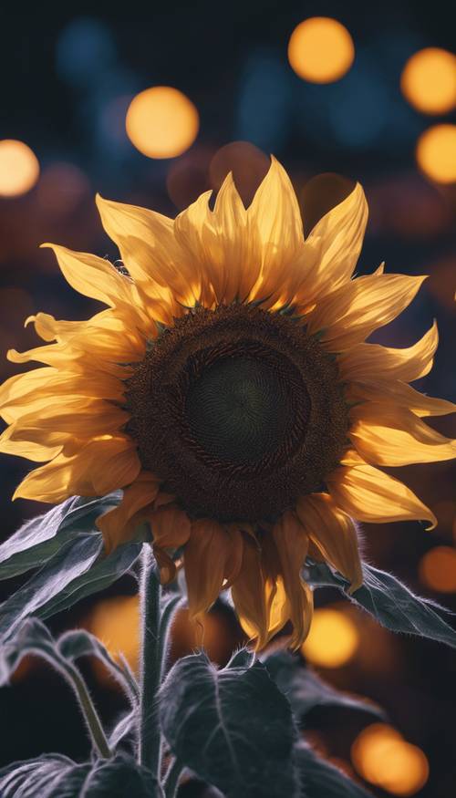 A digital, neon representation of a sunflower glowing in the dark. Tapeta [660775d9fe0b49bcb246]