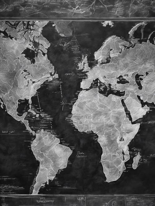 Um mapa-múndi em tons de cinza esboçado em um quadro negro usando giz branco borrado.