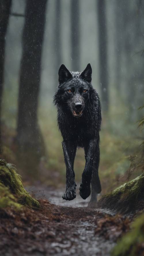 Um lobo negro alfa liderando sua matilha por uma floresta densa durante uma forte chuva.