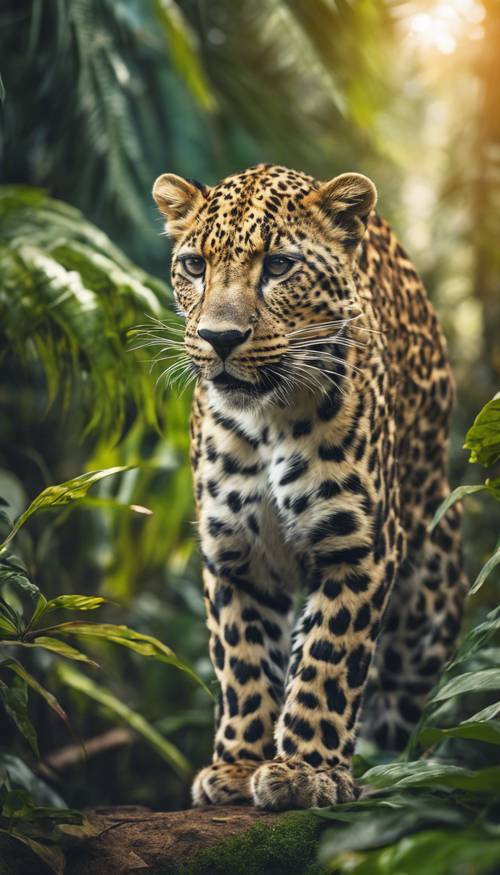 A playful leopard with vibrant spotted fur, darting through a cascade of jungle foliage.