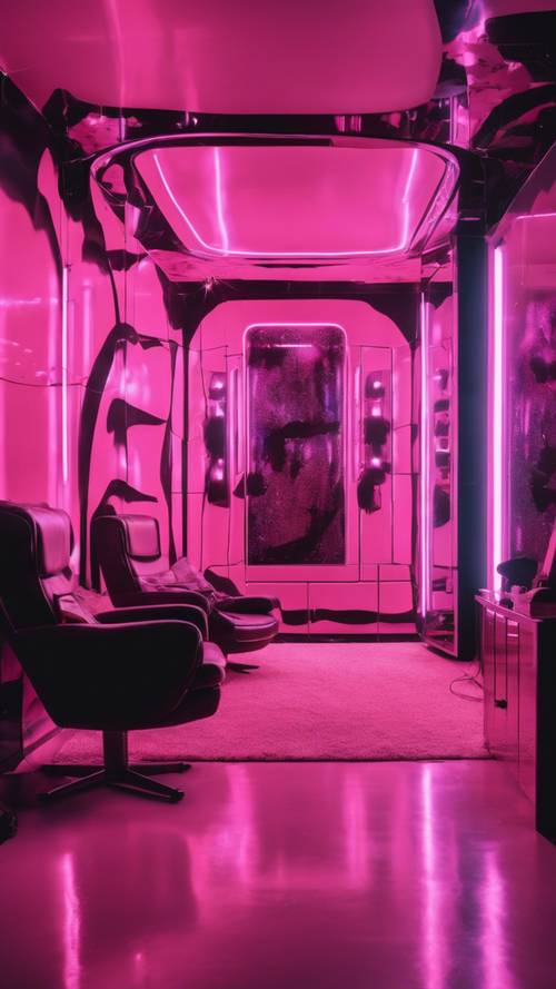 Quarto estético com tema Y2K em rosa e preto, com luzes neon refletidas nas paredes brilhantes.