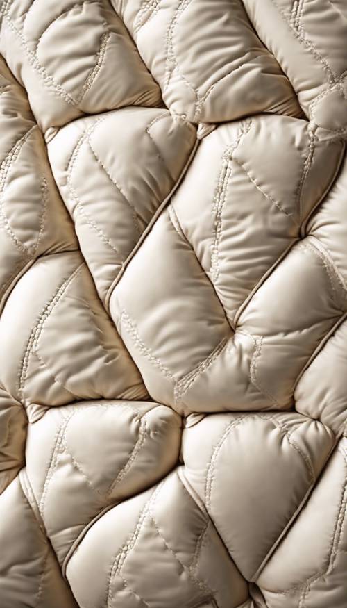 A comfortable quilted bed made from different cream color fabric patterns for a warm and bright interior design