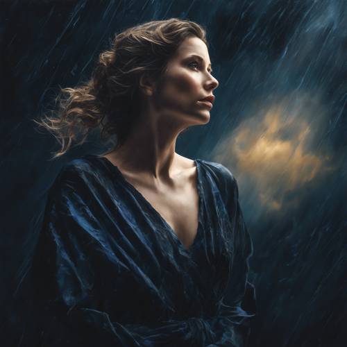 Lukisan cat minyak halus tentang seorang wanita berpakaian hitam dengan latar belakang biru tua yang penuh badai.