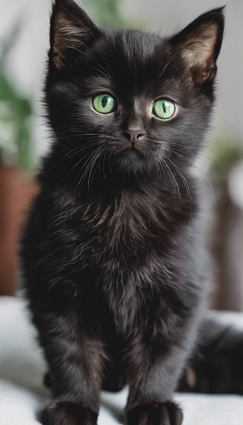 A chubby black kitten looking at you with curious green eyes against a white background