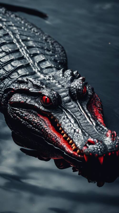 Przerażający czarny krokodyl z niesamowitymi czerwonymi oczami, unoszący się w ciemnych wodach.