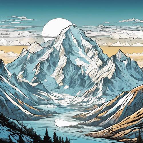 Buzlu zirveleri sabah güneşi altında parıldayan, karikatür tarzı, görkemli, karlı bir dağ sırası.