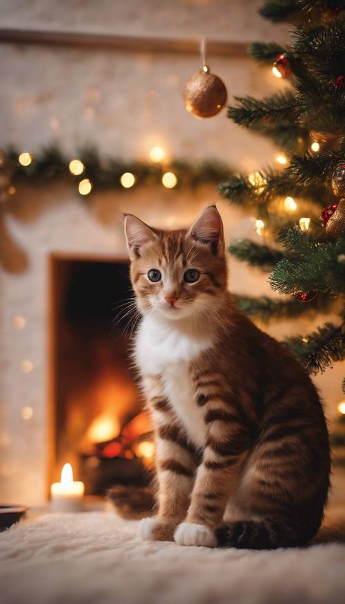 A Christmas Eve setting of a kitten discovering a warm, glowing fireplace and stockings hung carefully on the mantle for Santa.