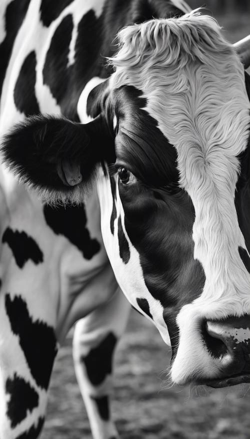 تنتشر الأشكال العضوية في جميع أنحاء الإطار لتخلق نمطًا يعكس بقع البقرة السوداء والبيضاء.
