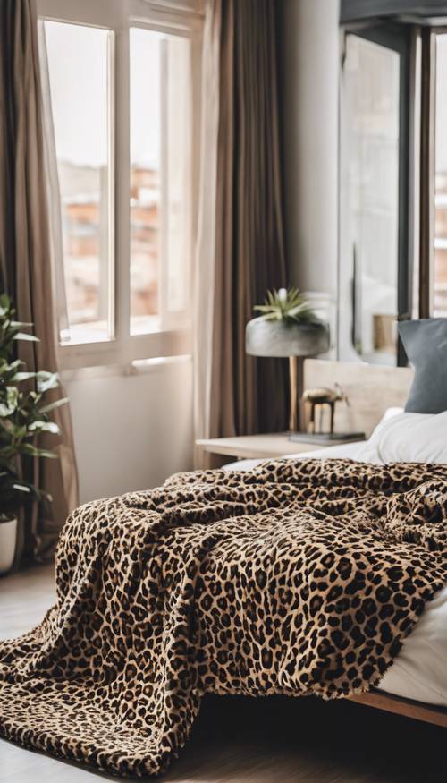 An aesthetic bedroom decorated with a plush leopard print blanket