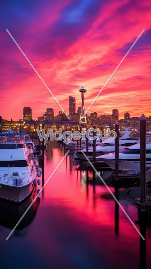 Vibrante cielo al tramonto sopra Seattle Marina