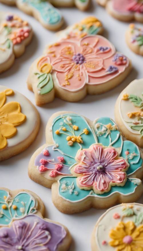 Um único biscoito amanteigado decorado com glacê colorido em um delicado padrão floral.
