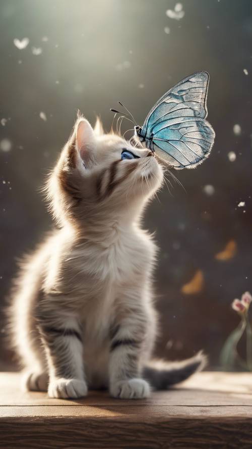 Minimalistyczna sztuka przedstawiająca małego kotka wpatrującego się z ciekawością w trzepoczącego motyla.