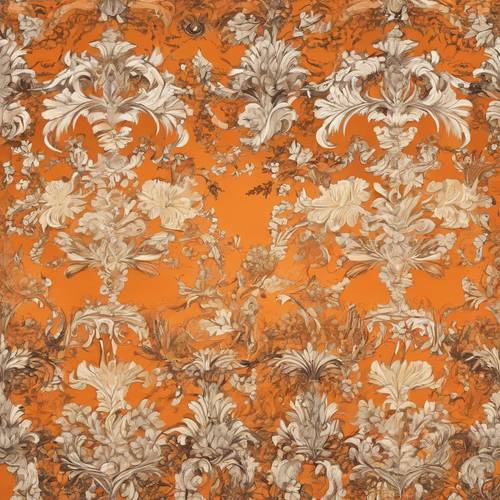 동물과 꽃 모티브를 혼합한 다마스크 패턴으로 대담한 오렌지색 배경에 각 타일을 독특하게 만듭니다.