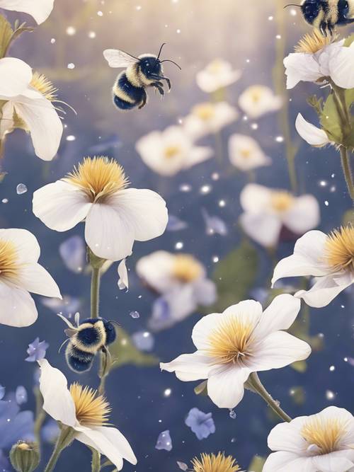 Kawaii-style bumblebees with dark blue stripes buzzing around dainty moonflowers