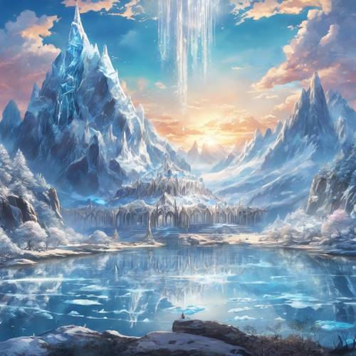 Epicki krajobraz anime przedstawiający górę zwieńczoną majestatycznym lodowym pałacem.
