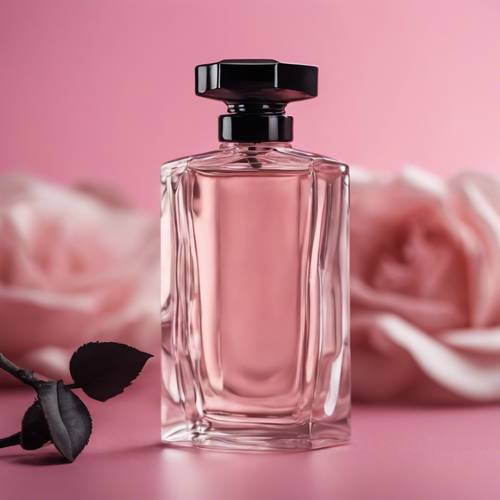 Słodka, kobieca butelka perfum z czarnym korkiem w kształcie róży na różowym tle.