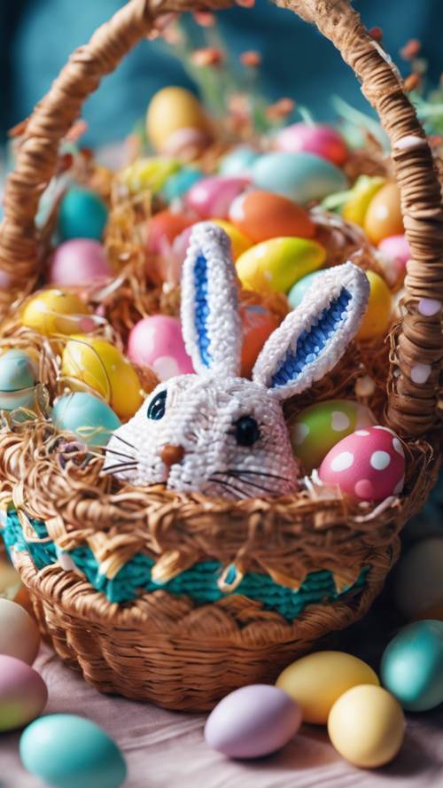 An ornate Easter basket woven with vibrant colors, brimming with candy eggs and chocolate bunnies.