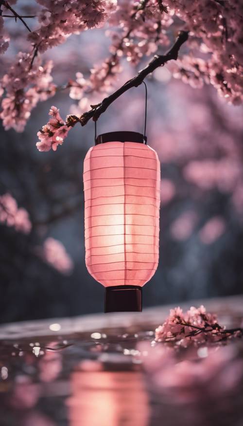 Una linterna de papel que ilumina flores de cerezo y emite un tenue brillo rosado, lo que simboliza una noche de primavera minimalista en Japón.