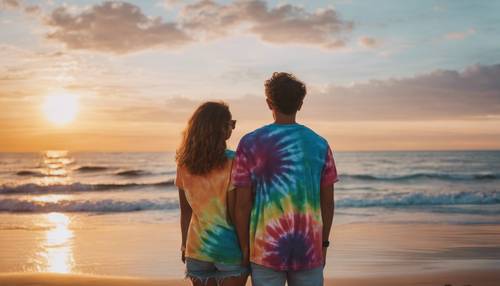 Casal romântico vestindo camisetas tie-dye combinando e assistindo o pôr do sol na praia.