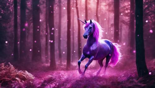 Mistik bir ormanda zıplayan parlak pembe yeleli, ışıltılı, mor bir tek boynuzlu at.