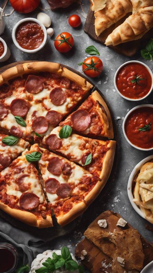 丰盛的芝加哥风格深盘披萨，配有融化的马苏里拉奶酪、大块番茄酱和各种肉类。