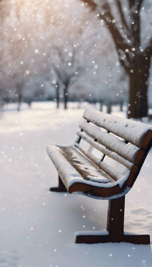 Um par de pegadas levando a um banco de madeira coberto de neve em um parque.