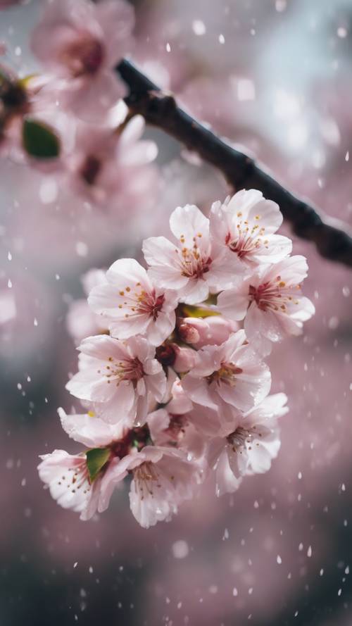 Eine Nahaufnahme eines Kirschblütenzweigs, auf dessen Blütenblättern die frischen Tropfen eines Frühlingsregens glitzern.