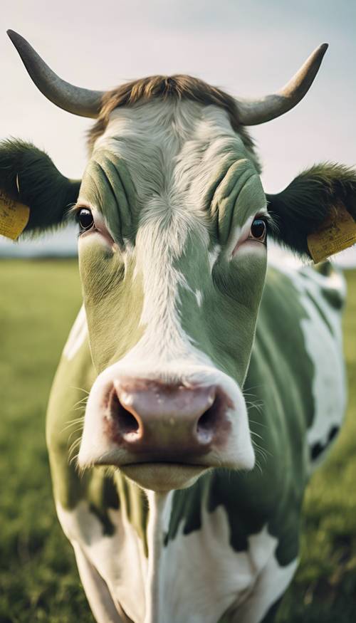 A closeup view of a unique sage-green cow with bright white markings depicting its organic cow print pattern against a serene countryside backdrop.
