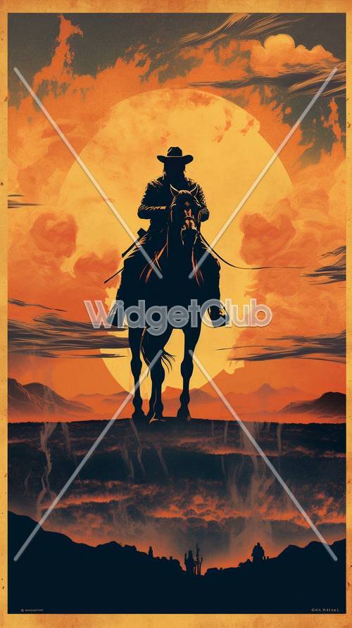 Zachód słońca sylwetka kowboja na koniu