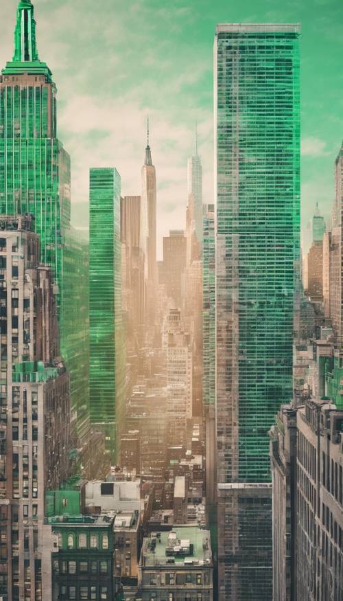 A seamless pattern featuring New York skyscrapers in the evening with mint green textured backgrounds
