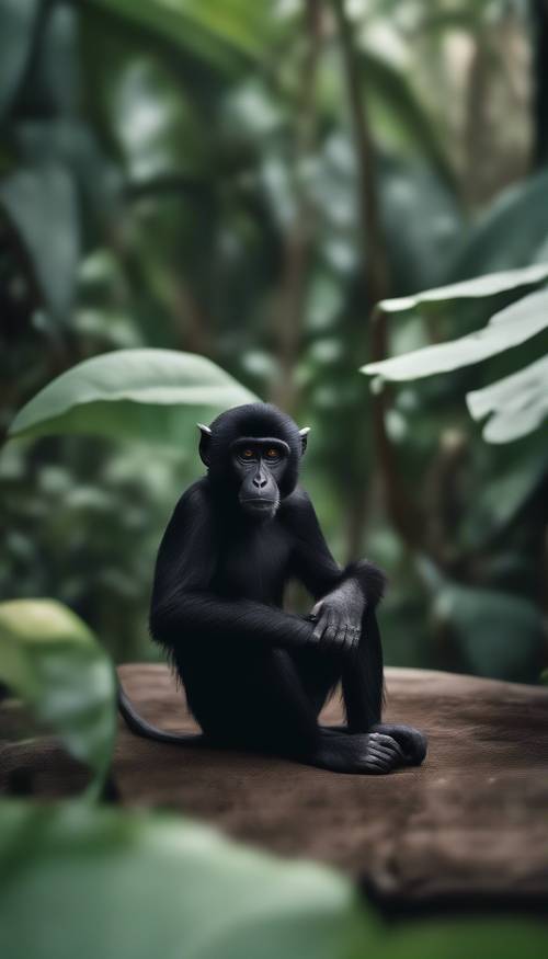 A curious black monkey sitting in the lush greenery of the jungle, staring intently at a banana in its hands.
