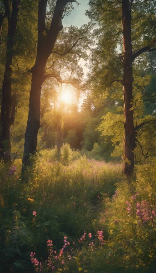 An ancient and vast forest bathed in the soft light of a rapidly setting sun, with splashes of vibrant wildflowers and towering trees