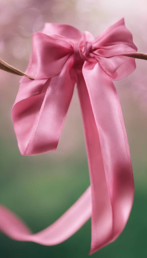 Fita de seda rosa flutuando suavemente ao vento com fundo verde natural.