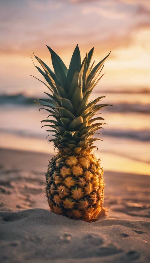 A slice of pineapple on a beach with a beautiful sunset in the background.