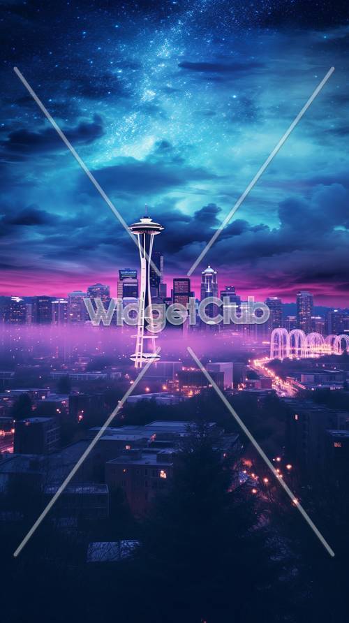 Skyline di Seattle da sogno sotto il cielo notturno stellato