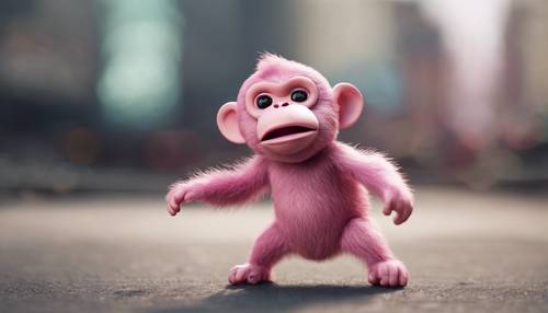 一隻胖胖的粉紅色猴子，一邊幽默地哼著鼻子，一邊笨拙地跳來跳去。